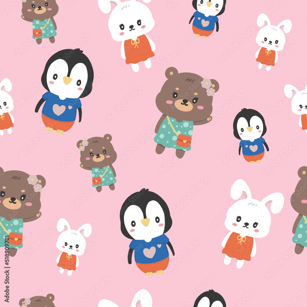 Cute animals seamless pattern on pink background