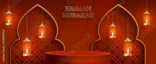 Islamic 3d podium round stage for Jumma Mubarak on color background