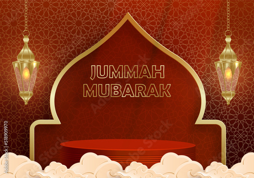 Islamic 3d podium round stage for Jumma Mubarak on color background