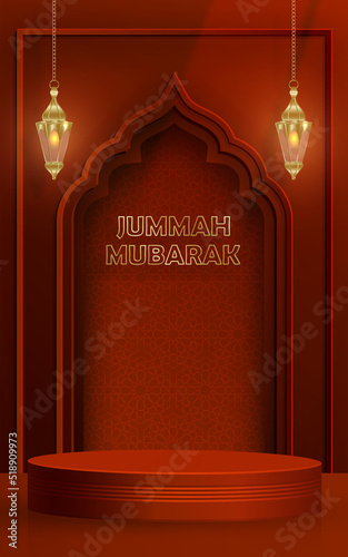 Islamic 3d podium round stage for Jumma Mubarak on color background photo