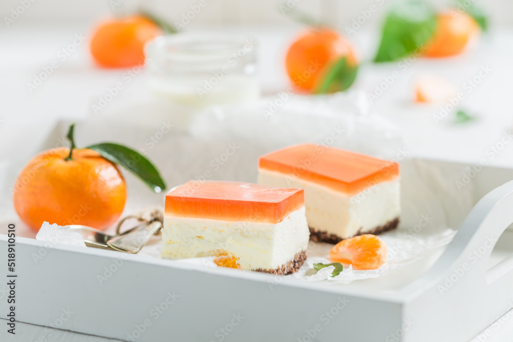 Fruity and homemade cheesecake made of mandarin and jelly