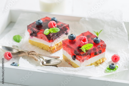 Creamy and sweet cheesecake made of berries and foam jelly