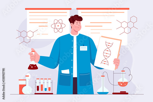 Genetic research and scientific experiment in laboratory. Cartoon scientist character holding dna presentation and test tube, doing medical diagnostics flat vector illustration. Science concept