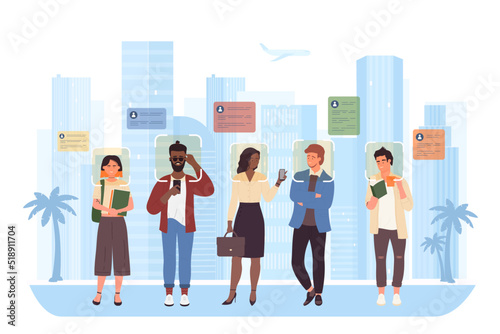 City face recognition technology vector illustration. Cartoon people walk on street with biometric facial ID profile under head, surveillance with camera and analysis of pedestrians by AI scan system