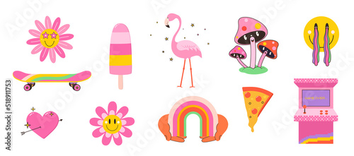 Set of cartoon characters and objects in retro style, flamingos, rainbow smiley, slot machine vintage, skateboarding, funny mushrooms, pizza, heart with arrow.