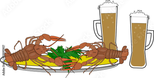 A tray of crayfish and two mugs of beer.