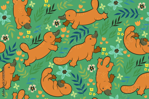 Seamless pattern with cute swimming platypuses. Vector graphics.