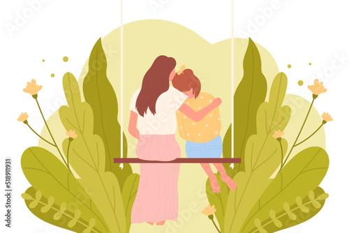 Mother and daughter sitting on swing, rear view vector illustration. Cartoon adult woman hugging girl among summer flowers, support and love from mom to child. Happy family, Mothers day concept