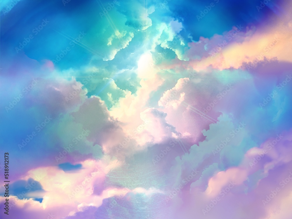 Heavenly landscape illustration with colorful clouds drifting in the beautiful blue sky and light pouring down through the gaps in the clouds. Heavenly landscape illustration with colorful clouds drifting in the beautiful blue sky and light pouring down through the gaps in the clouds.