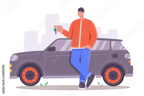 Happy man buying new car vector illustration. Cartoon male driver character holding key in hand, young owner standing near modern own car transport on city street, vehicle purchase deal of young guy