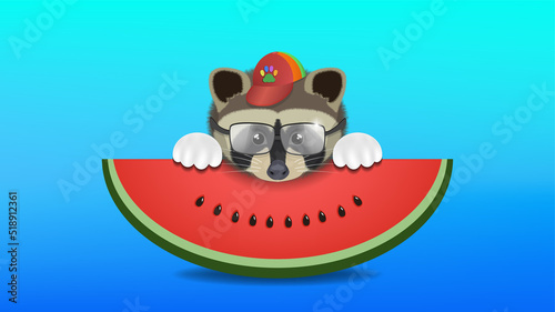 Vector head of a cute raccoon in a cap and glasses with a slice of red ripe watermelon on a bright blue background. Funny summer poster