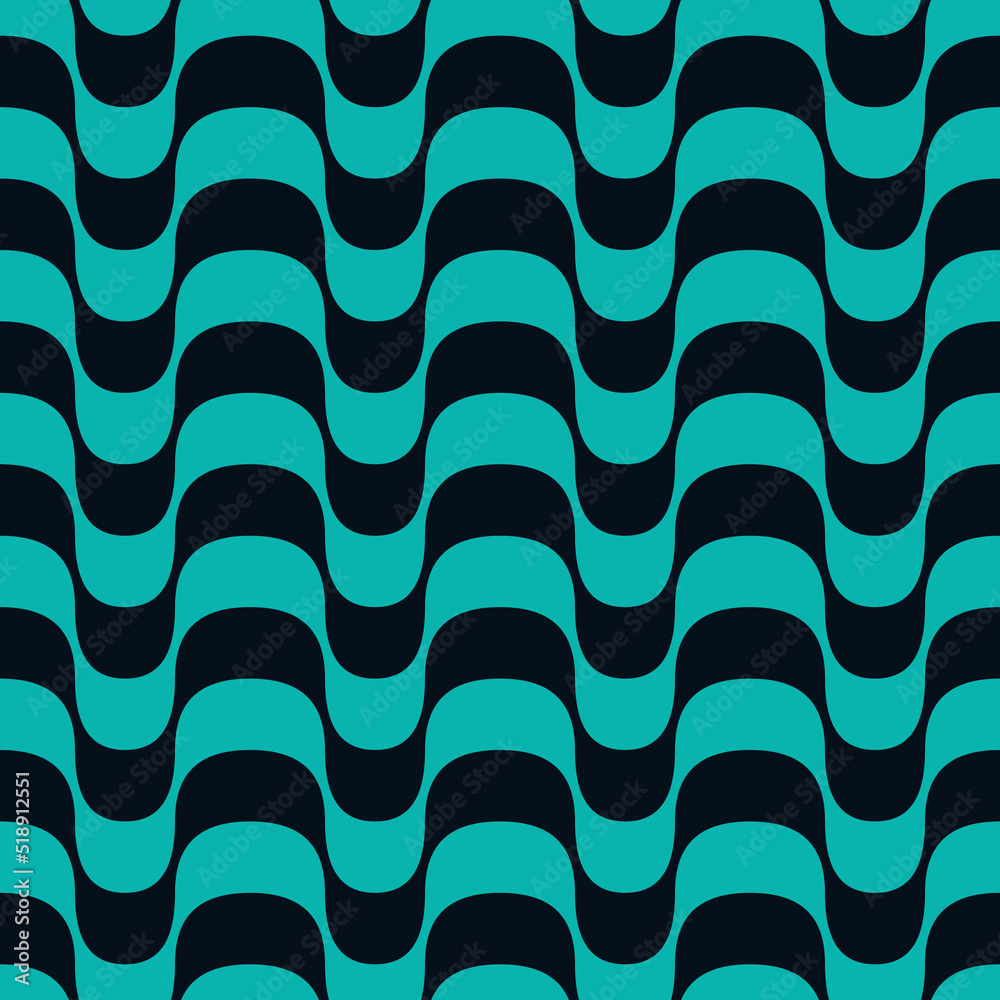 Seamless pattern. Curved wavy stripes in turquoise and dark blue colors. Vector illustration. 3D effect.