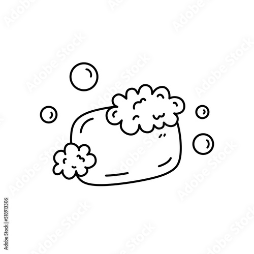 Soap with foam and bubbles isolated on white background. A body wash and personal hygiene product.  Vector hand-drawn illustration in doodle style. Perfect for cards, decorations, logo, various design