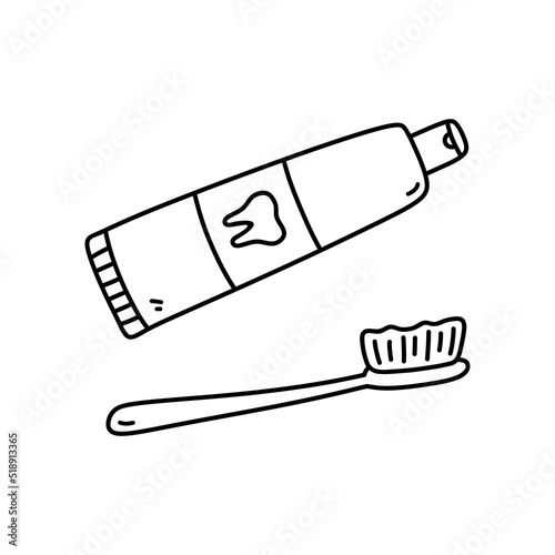 Tube of toothpaste and a toothbrush isolated on white background. Oral hygiene. Vector hand-drawn illustration in doodle style. Perfect for decorations, logo, various design.