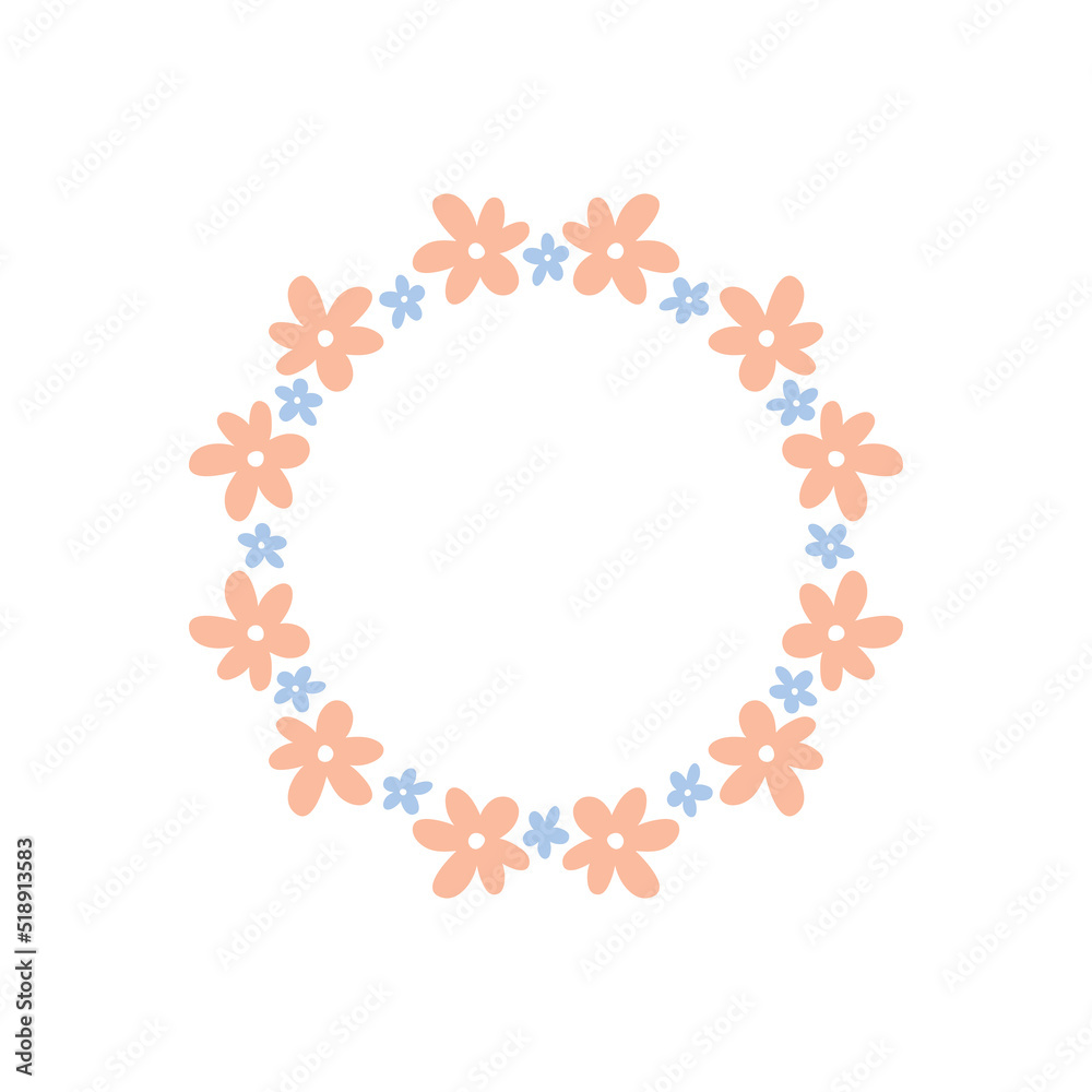 Floral wreath with cute pink and blue daisies isolated on white background. Round frame with flowers. Vector hand-drawn illustration. Perfect for cards, invitations, decorations, logo, various designs Floral wreath with cute pink and blue daisies isolated on white background. Round frame with flowers. Vector hand-drawn illustration. Perfect for cards, invitations, decorations, logo, various designs