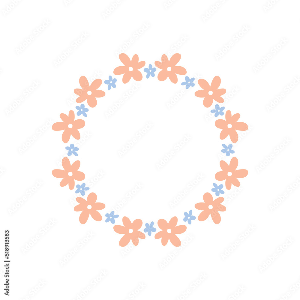 Floral wreath with cute pink and blue daisies isolated on white background. Round frame with flowers. Vector hand-drawn illustration. Perfect for cards, invitations, decorations, logo, various designs