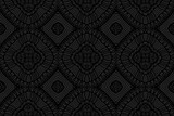 Embossed black background, ethnic cover design. Geometric floral 3D pattern, arabesque, hand drawn style. Tribal topical ornaments of the East, Asia, India, Mexico, Aztecs, Peru.