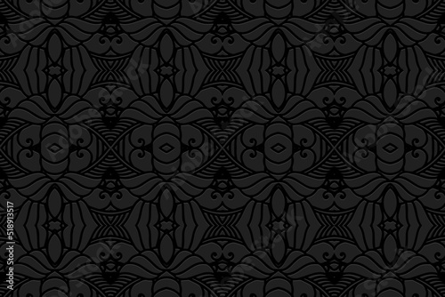 Embossed black background, ethnic cover design. Geometric elegant 3D pattern, arabesque, hand drawn style. Tribal topical ornaments of the East, Asia, India, Mexico, Aztecs, Peru.