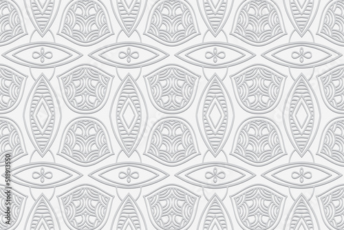 Embossed white background, ethnic cover design. Geometric abstract 3D pattern, arabesque, hand drawn style. Tribal topical ornaments of the East, Asia, India, Mexico, Aztecs, Peru.