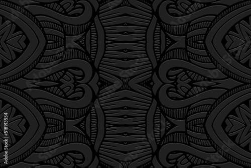 Embossed black background, ethnic cover design. Geometric decorative 3D pattern, arabesque, hand drawn style. Tribal topical ornaments of the East, Asia, India, Mexico, Aztecs, Peru.