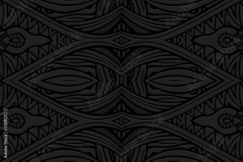 Embossed black background, ethnic cover design. Geometric curly 3D pattern, arabesque, hand drawn style. Tribal topical ornaments of the East, Asia, India, Mexico, Aztecs, Peru.