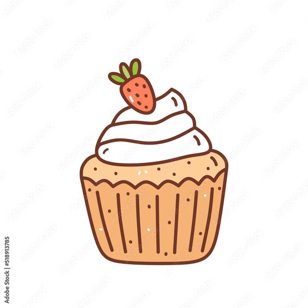 Cupcake with cream and strawberries isolated on white background. Cute dessert with berries. Vector hand-drawn illustration in doodle style. Perfect for holiday designs, cards, decorations, logo, menu Cupcake with cream and strawberries isolated on white background. Cute dessert with berries. Vector hand-drawn illustration in doodle style. Perfect for holiday designs, cards, decorations, logo, menu