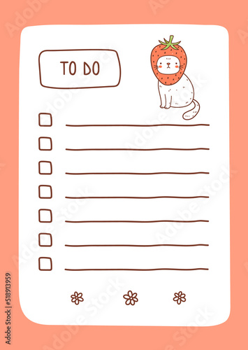 To do list template decorated by kawaii strawberry cat. Cute design of schedule, daily planner or checklist. Vector hand-drawn illustration. Perfect for planning, notes and self-organization.