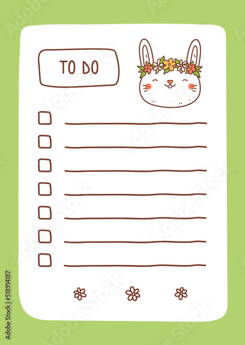 To do list template decorated by kawaii bunny with flowers. Cute design of schedule, daily planner or checklist. Vector hand-drawn illustration. Perfect for planning, notes and self-organization.