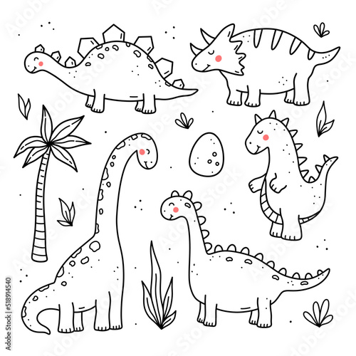 Set of cute funny dinosaurs and plants isolated on white background. Vector hand-drawn illustration in doodle style. Perfect for cards, logo, decorations. Cartoon characters, baby animals.