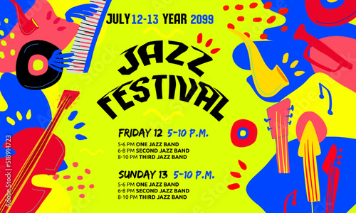 Jazz festival drawn flat vector web banner template. .Creative modern horisontal poster, banner,flyer with classic music instruments and text. Vector illustration for music events