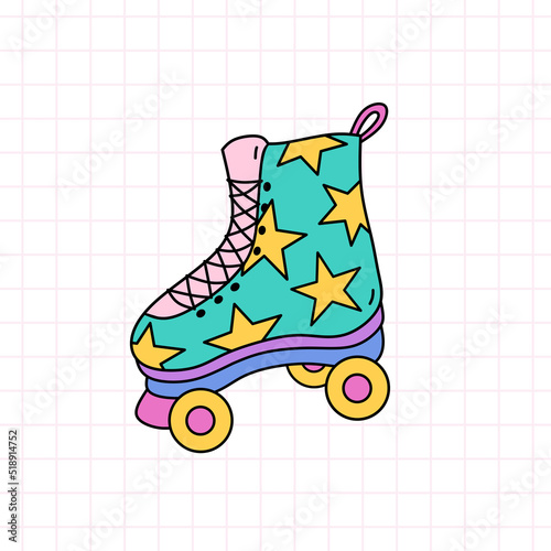 Bright quad roller skate with stars. Vector hand-drawn doodle illustration isolated on checkered background. Perfect for cards, decorations, logo, various designs. 90s retro style