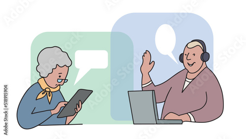 Grandman with laptop communicating on the Internet online with grandma. Communication of elderly person concept. Elderly people video calling or online communication .Hand drawn vector illustration.