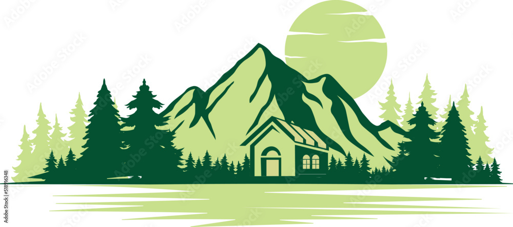 Green Hills real estate travel landscape with sun mountains trees house logo vectors