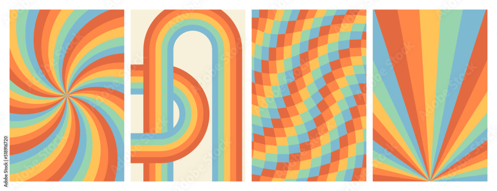 Groovy rainbow backgrounds. Checkerboard, chessboard, mesh, waves, swirl, twirl pattern. Twisted and distorted vector texture in trendy retro psychedelic style. Hippie 70s aesthetic.