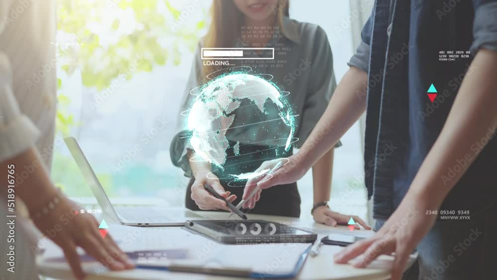 Business start up team work researching artificial intelligence AI metaverse technology presentation, business finance data investment concept