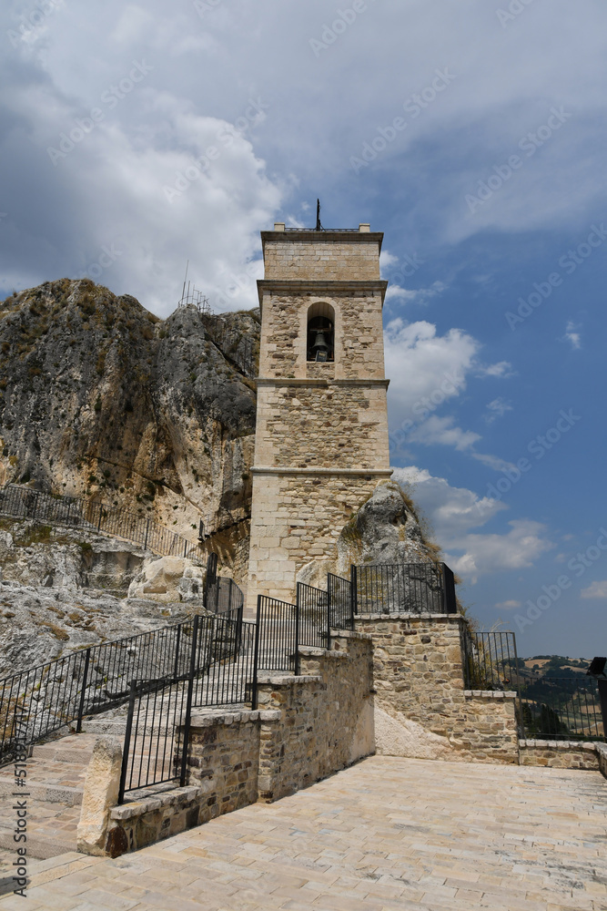 The tower of a church carved into the rock in Pietracupa, a mountain village in the Molise region in Italy.