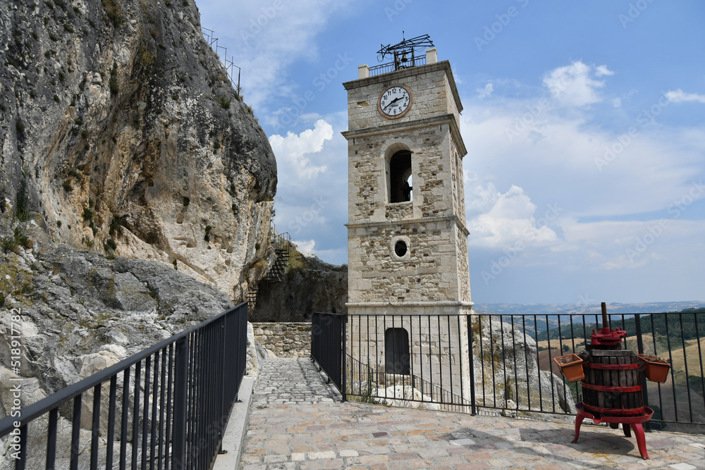 The tower of a church carved into the rock in Pietracupa, a mountain village in the Molise region in Italy.