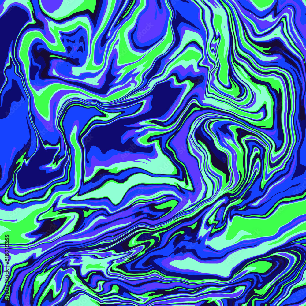 Fluid art texture. Abstract background with swirling paint effect.  Liquid acrylic picture that flows and splashes. Mixed paints for interior poster. Blue, green and purple 