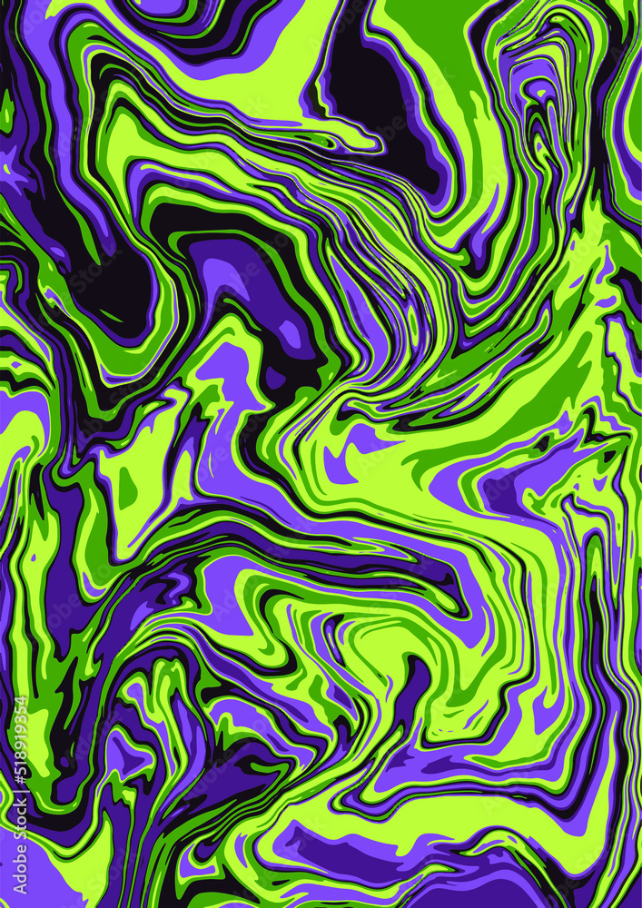 Fluid art texture. Abstract background with swirling paint effect.  Liquid acrylic picture that flows and splashes. Mixed paints for interior poster. Green and purple iridescent colors.
