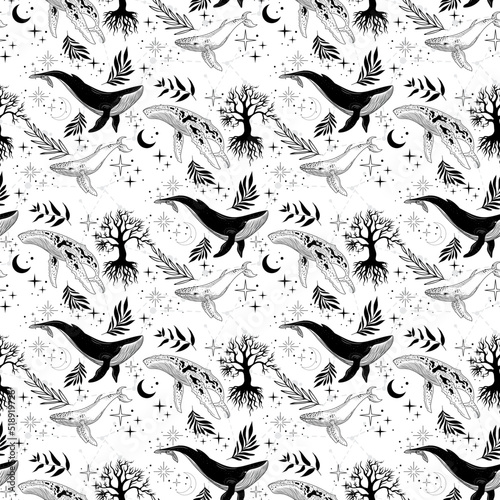Seamless pattern with a whale. Mystical whale. Pattern with moon, stars, constellation.