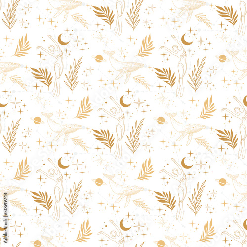 Seamless pattern with a whale. Mystical whale. Pattern with moon, stars, constellation.