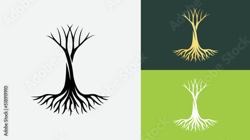 bare autumn tree with roots illustration vector icon set. Roots logo Silhouette Line art template in gold and white background