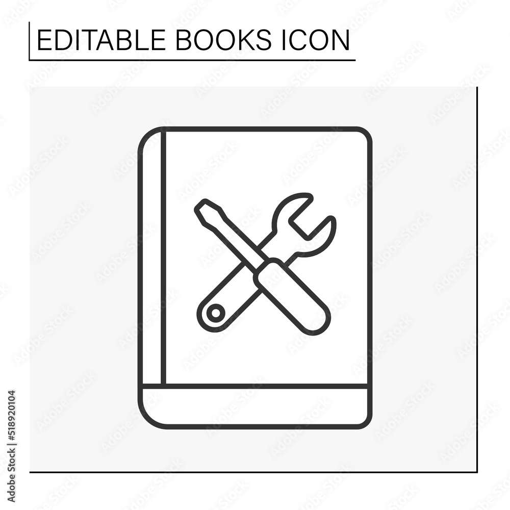 Literature line icon. Tutorial about fixing things. Repair everything with instruments. Book concept. Isolated vector illustration. Editable stroke Literature line icon. Tutorial about fixing things. Repair everything with instruments. Book concept. Isolated vector illustration. Editable stroke