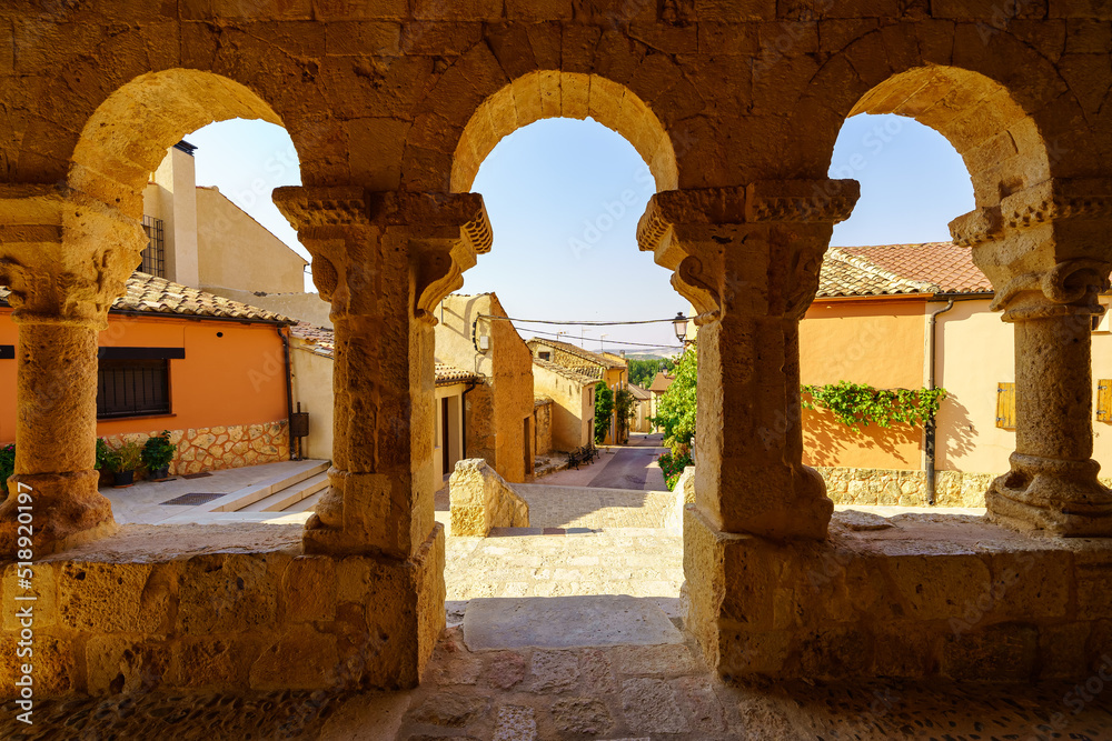 Romanesque cloister with stone arches in the church of San Miguel in the village of San Esteban de Gormaz.