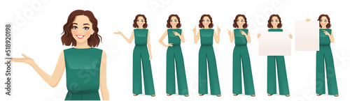 Young woman in green jumpsuit with different poses set. Various gestures - pointing, showing, holding empty blank board isolated vector illustration