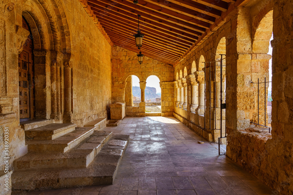 Romanesque cloister with stone arches in the church of Virgin Rivero in the village of San Esteban de Gormaz.