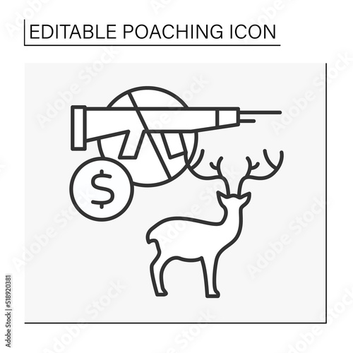  Hunting line icon. Illegal hunting of rare deer in tundra diversity. Bloody trophy. Poaching concept. Isolated vector illustration. Editable stroke