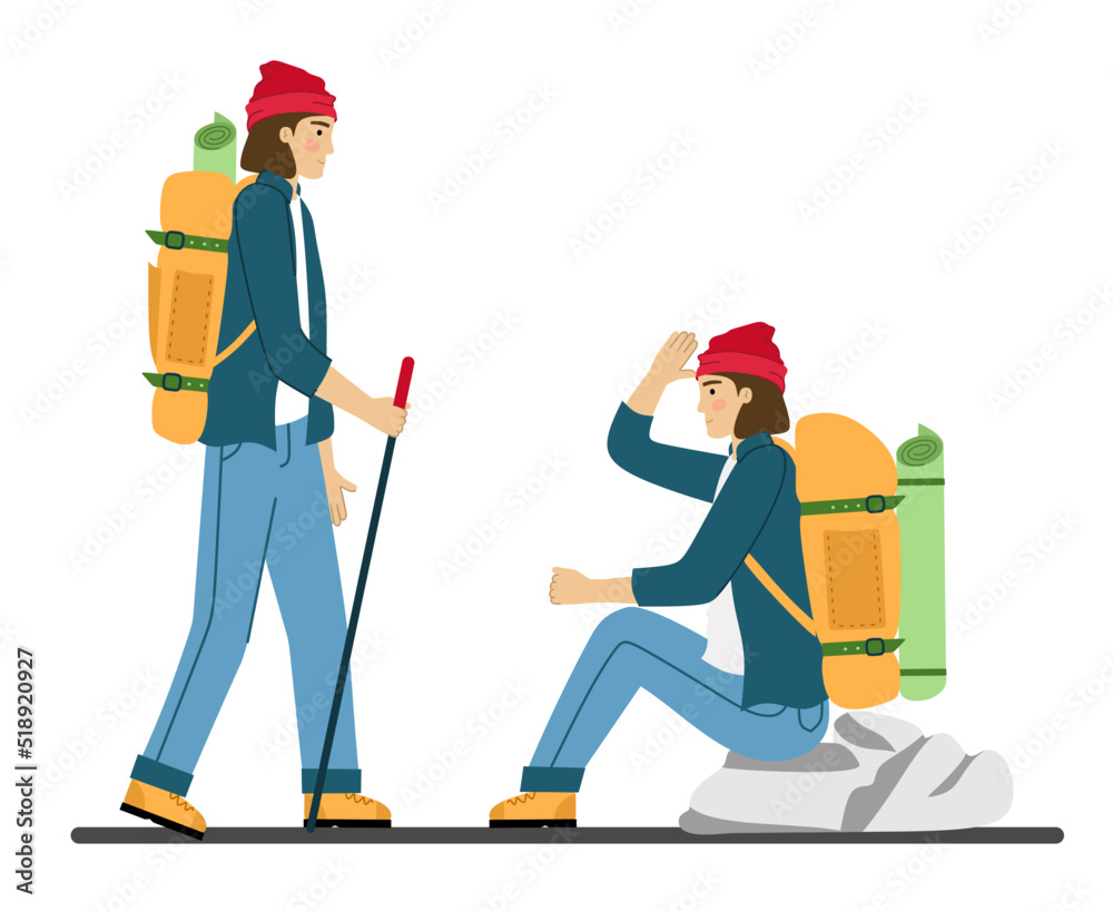 Set man traveler is engaged in hiking Hiking with a backpack A tourist in the mountains Vector illustration