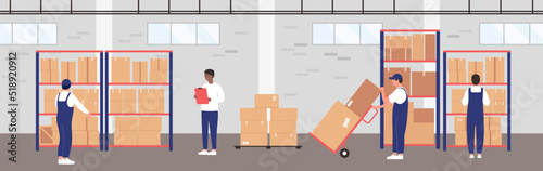 Factory warehouse, management of goods distribution process. Cartoon quality control manager standing near pallets full of boxes, people working in storehouse interior background. Logistics concept