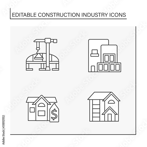 Construction industry line icons set. Rent, cottage, bridge contruction. Business concepts. Isolated vector illustrations. Editable stroke © Antstudio